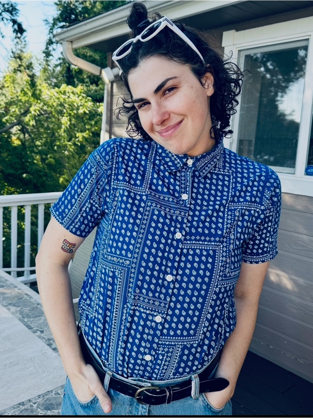 Peau De Loup Navy and White Printed Button-Down Shirt